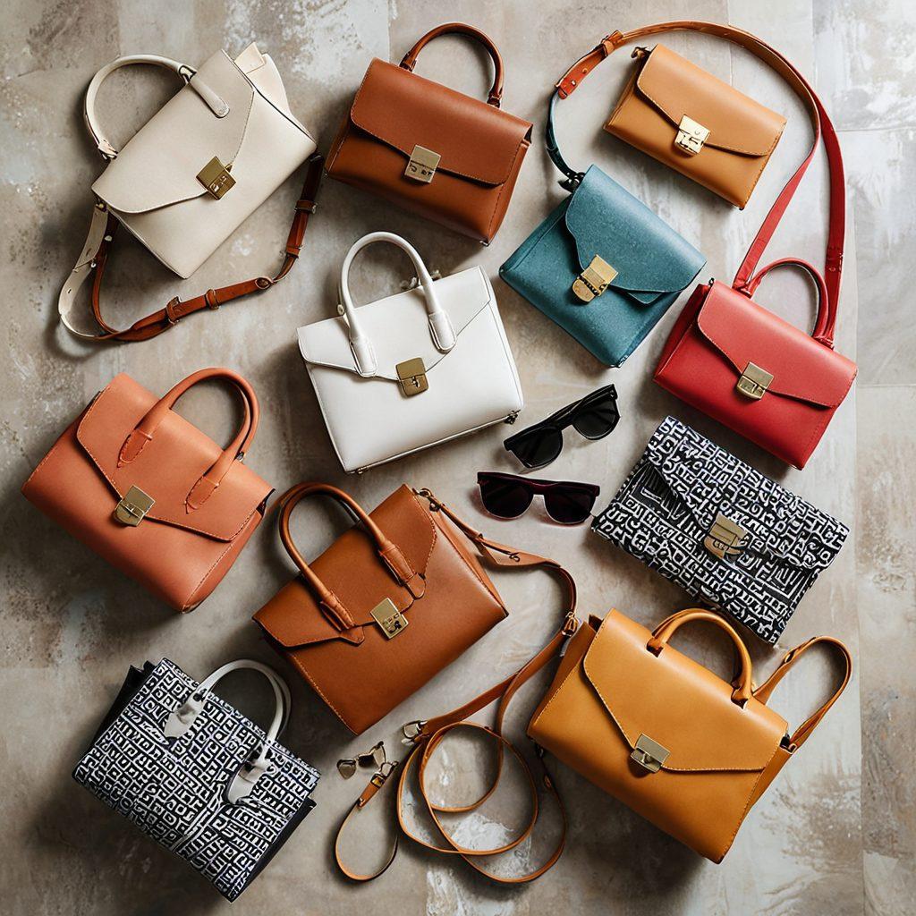 A stylish flat lay of various bag styles including tote bags, clutches, and crossbody bags arranged artistically atop a textured fabric background. Each bag should display unique patterns and colors, showcasing versatility and fashion trends. Include elements like fashion magazines, jewelry, and sunglasses for added flair. Soft natural lighting enhances the textures and colors, inviting viewers into the world of fashion. vibrant colors. soft light. high detail.